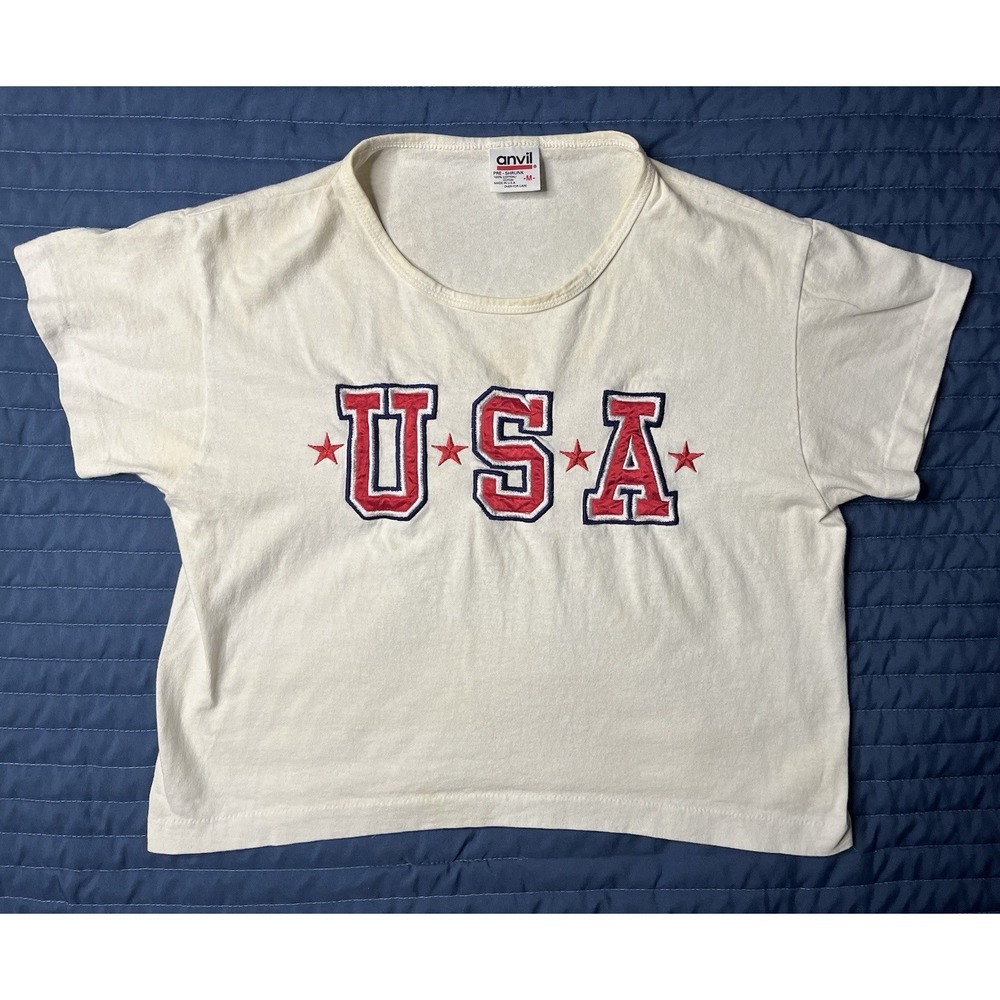 Vintage Anvil USA Crop Top T Shirt Women's Medium White Single Stitch Embroidery